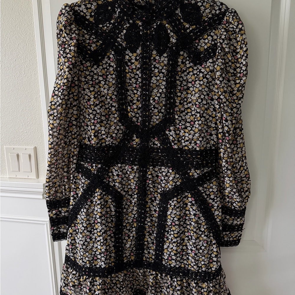 Topshop Black Floral Mini Dress with Lace Panels